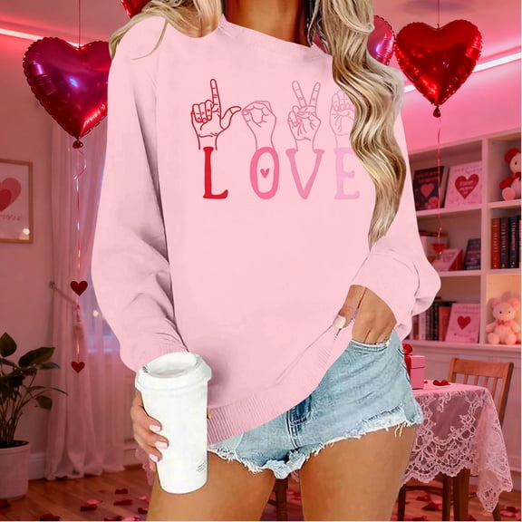Avrnliq Womens Light Pink Love Graphic Oversized Sweatshirt, Valentine's Day Casual Drop Shoulder Crew Neck Soft 100% Polyester Relaxed Fit Long Sleeve Everyday Top,Size 2XL