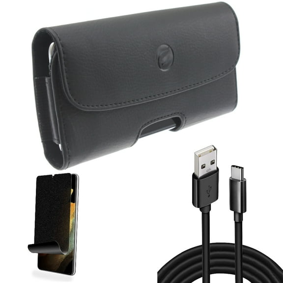 Case Belt Clip & Privacy Screen Protector & 10ft USB Cable for Samsung Galaxy S21 Ultra Phone - Leather Holster & TPU Film Fingerprint Works & Type-C Charger Cord Accessory Bundle