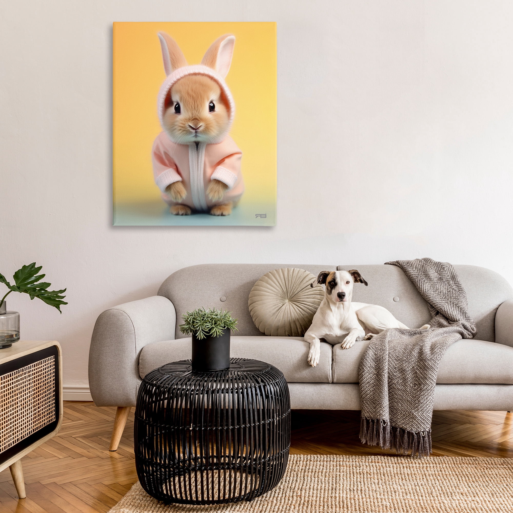 Stupell Industries Cozy Bunny on Yellow Animals & Insects Painting Gallery Wrapped Canvas Art Print Wall Art, 36 x 48