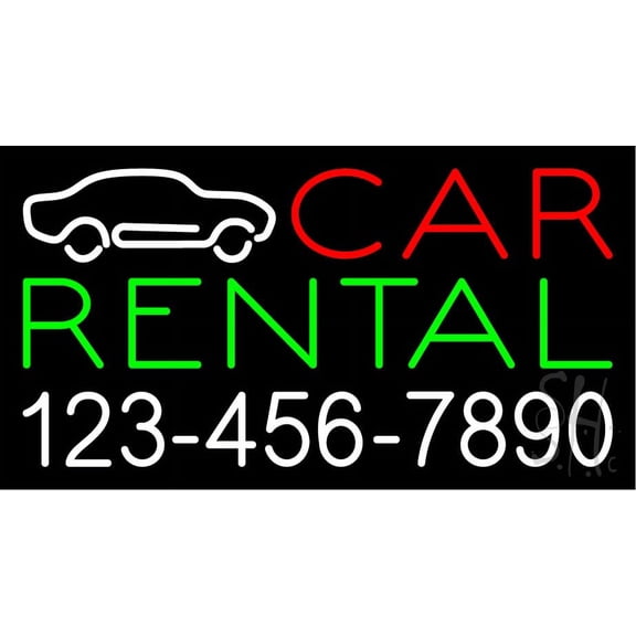 Car Rental with Phone Number LED Neon Sign 20 x 37 - inches, Clear Edge Cut Acrylic Backing, with Dimmer - Bright and Premium built indoor LED Neon Sign for automotive store, and mall.