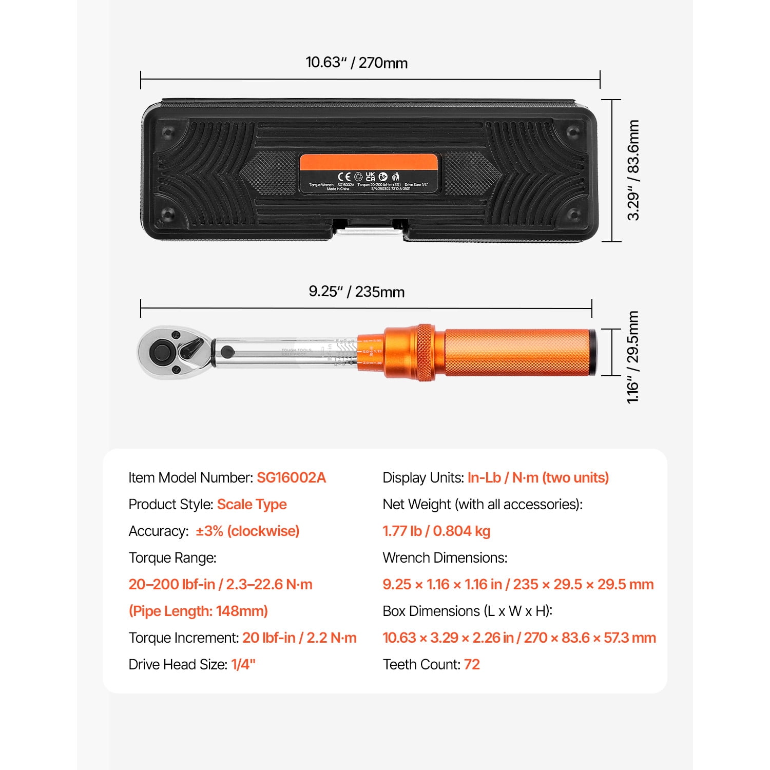 KFFKFF 1/4-Inch Drive Click Torque Wrench Set, 20-200 lbf-in/2.3-22.6 N.m, Dual-Direction with Dual Range Scales, 72-Tooth, ±3% Accuracy, Includes Bit Sockets and Extension Bar
