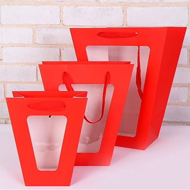 Xiao Hua Regalos, flores, bolsas de embalaje para cajas de regalo, bolsas de transporte con ventana transparente trapezoidal, bolsas de transporte para regalos de flores (rojo, 18 * 10 * 20 cm)
