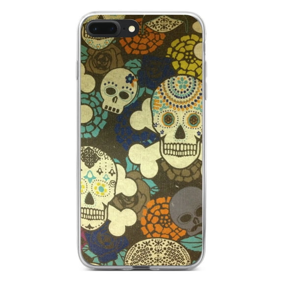 DistinctInk Clear Shockproof Hybrid Case for iPhone 7 PLUS / 8 PLUS (5.5" Screen) - TPU Bumper, Acrylic Back, Tempered Glass Screen Protector - Sugar Skulls Green Orange