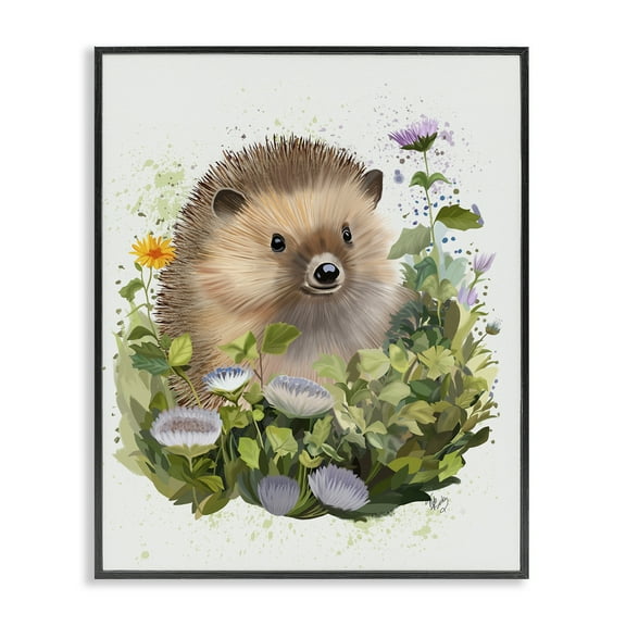 Stupell Industries Hedgehog in Floral Meadow Animals & Insects Painting Black Framed Art Print Wall Art, 11 x 14