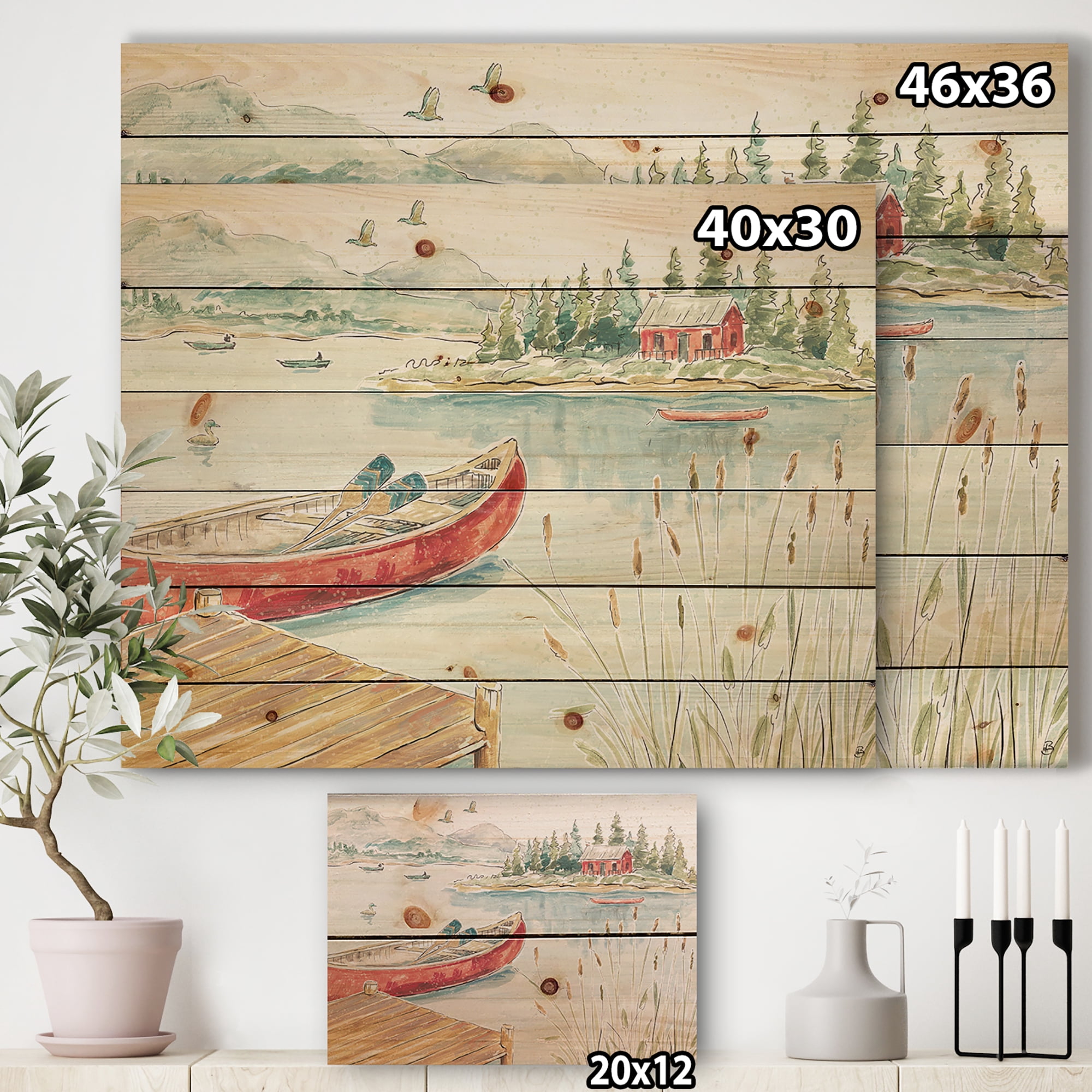 Designart 'Red Lake House and Canoes I' Lake House Print on Natural Pine Wood