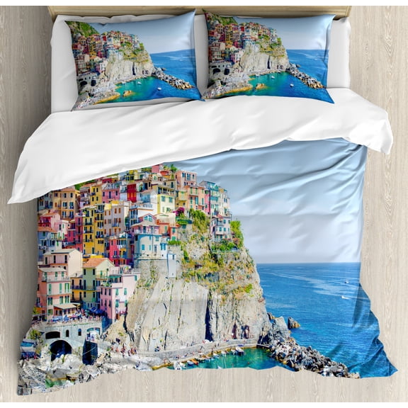 Vernazza Duvet Cover Set Queen Size, Beautiful Photo of Colorful Coastal Village Touristic Attraction Point in Italy, Decorative 3 Piece Bedding Set with 2 Pillow Shams, Multicolor, by Ambesonne