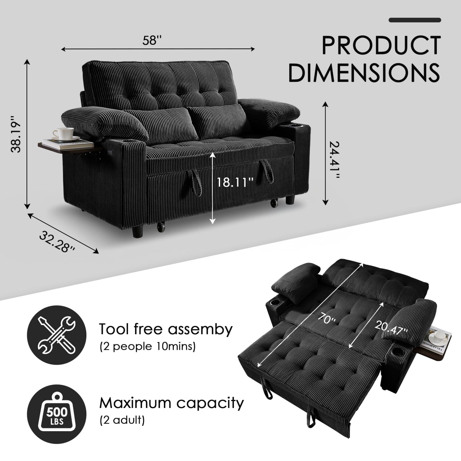 58" Sleeper Sofa Bed, Convertible Pull Out Couch Full Size Loveseat with Corduroy Fabric, USB Charging, Adjustable Backrest for Living Room Apartment Office, Black