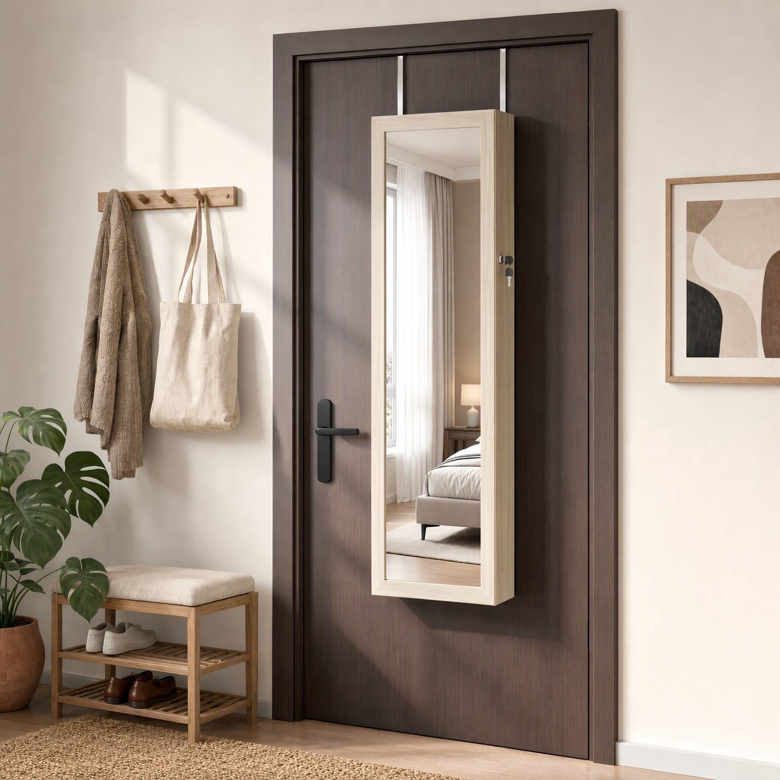 Kelno 47" Jewelry Armoire with HD Mirror LED Lights Wall/Door Mounted Jewelry Organizer Cabinet, Khaki