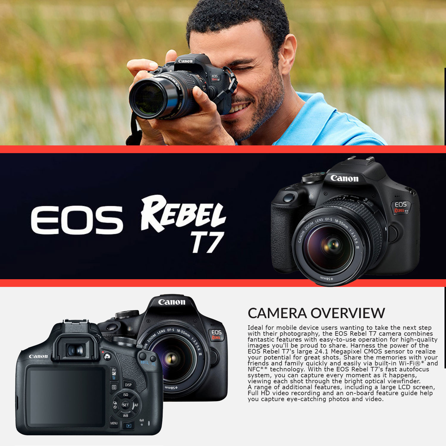 Canon Rebel T7 DSLR Camera with 18-55mm  Lens Kit and Carrying Case, Creative Filters, Cleaning Kit, and More - image 2 of 6