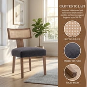 Guyou Modern Rattan Backrest Dining Chairs Set of 2, Mid-century Farmhouse Linen Upholstered Kitchen Chairs Solid Wood Side Chairs for Kitchen Dining Room Living Room, Charcoal