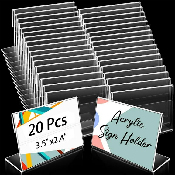 NOGIS 20Pcs Mini Acrylic Sign Holder,3.5 x 2.4 Inches Clear Sign Display Holder,Horizontal Plastic L Shaped Display Stand,Small Slant Back Name Card Tag Stand for Office Retail Store Restaurant