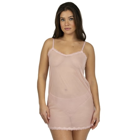 Smart & Sexy Women s Sheer Mesh & Lace Trim Chemise Lingerie Set