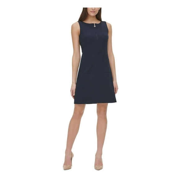 Tommy Hilfiger Womens Navy Stretch Zippered Pocketed Front Half-Zip Monogram Pull Sleeveless Round Neck Above The Knee Party Fit + Flare Dress 8
