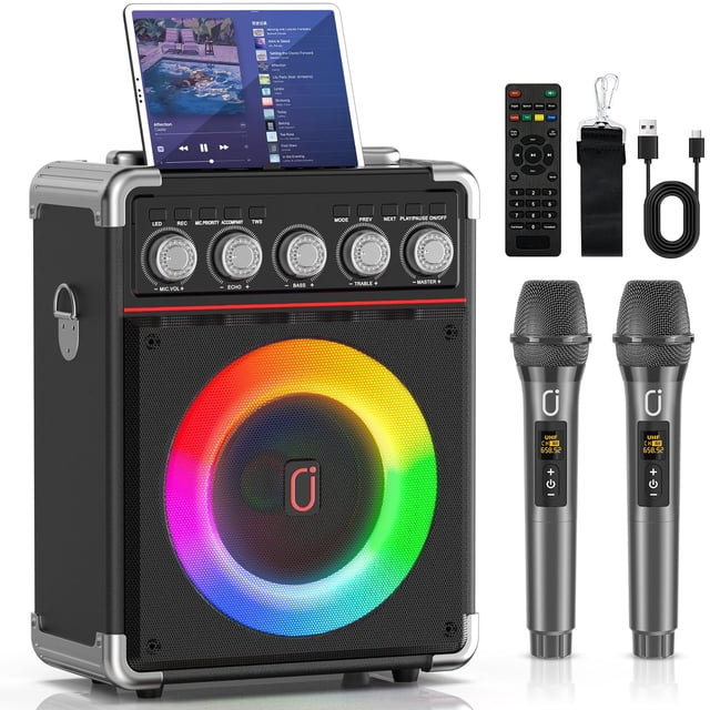 Altavoz portátil Karaoke Machine HWWR, 2 micrófonos inalámbricos PA