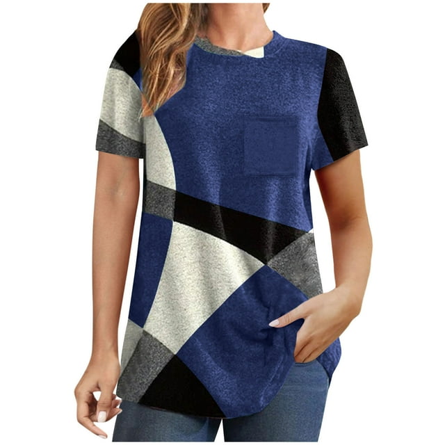 Diufon Hauts Grande Taille pour Femmes Printemps Été Manches Courtes Col Rond Chandail Décontracté Imprimé Blouses Amples