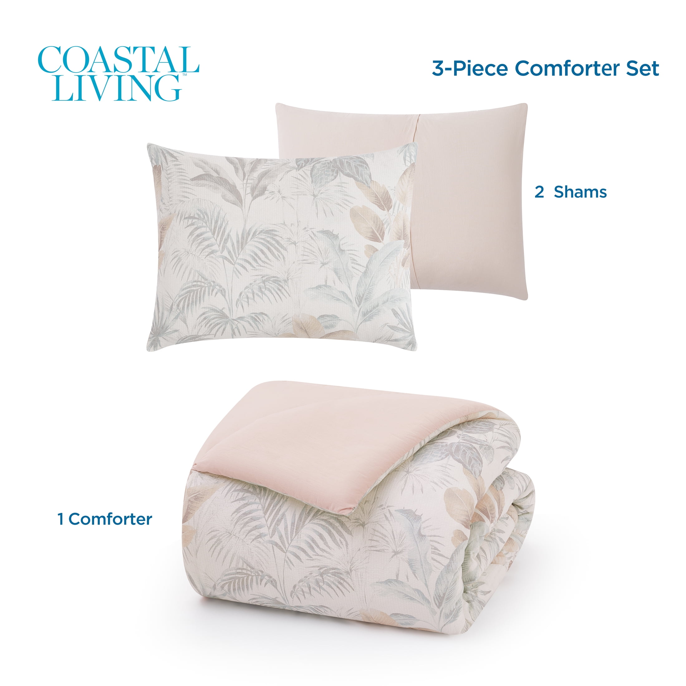 Coastal Living 3-Piece Lightweight 100% Cotton Ivory Palms Comforter Set, Full/Queen