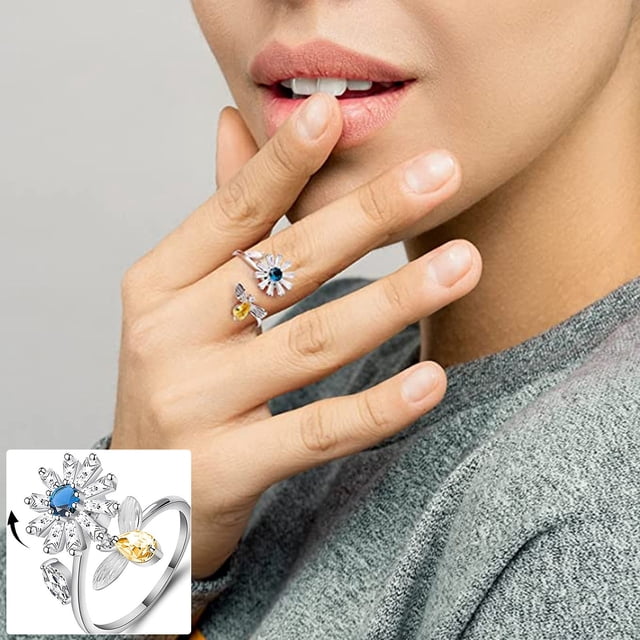 EGNMCR Rings Women's Anxiety Sunflower Rotating Open Relieves Anxiety Stress a ring