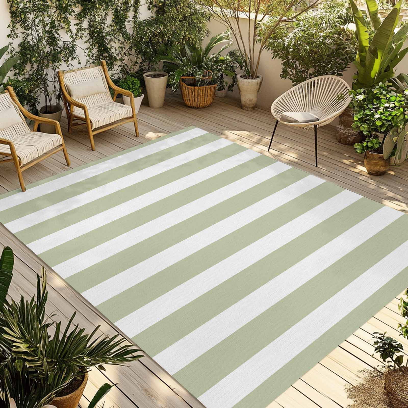 Outdoor Rug 4x6 ft Sage Green White Geometric Stripes Waterproof Outdoor Patio Rug Mat Non Slip Outside Area Rugs Carpet for RV,Camping,Porch,Deck,Pool,Balconybackyard,Minimalist Modern Art