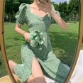 thumbnail image 4 of Robe d'Été Style Coréen Rétro Simple Col Carré Design Floral Fendu Manches Bouffantes Taille Serrée, 4 of 9