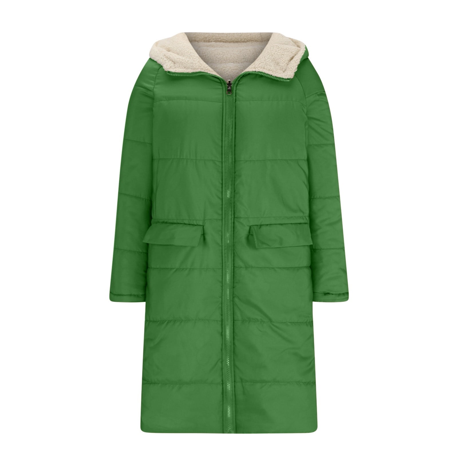 BiZtdJrK Women's Oversized Long Coat Plush Lining Reversible Zipper Puffer Jackets Long Sleeve Hooded Down Outerwear with Pocket 2024 Fall Winter Warm Clothes 90 Percent off Clearance Sale Green M