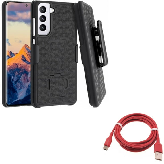 6ft USB-C Cable w Case Belt Clip for Samsung Galaxy S21 FE 5G - Red Charger Cord Power, Holster Swivel Cover