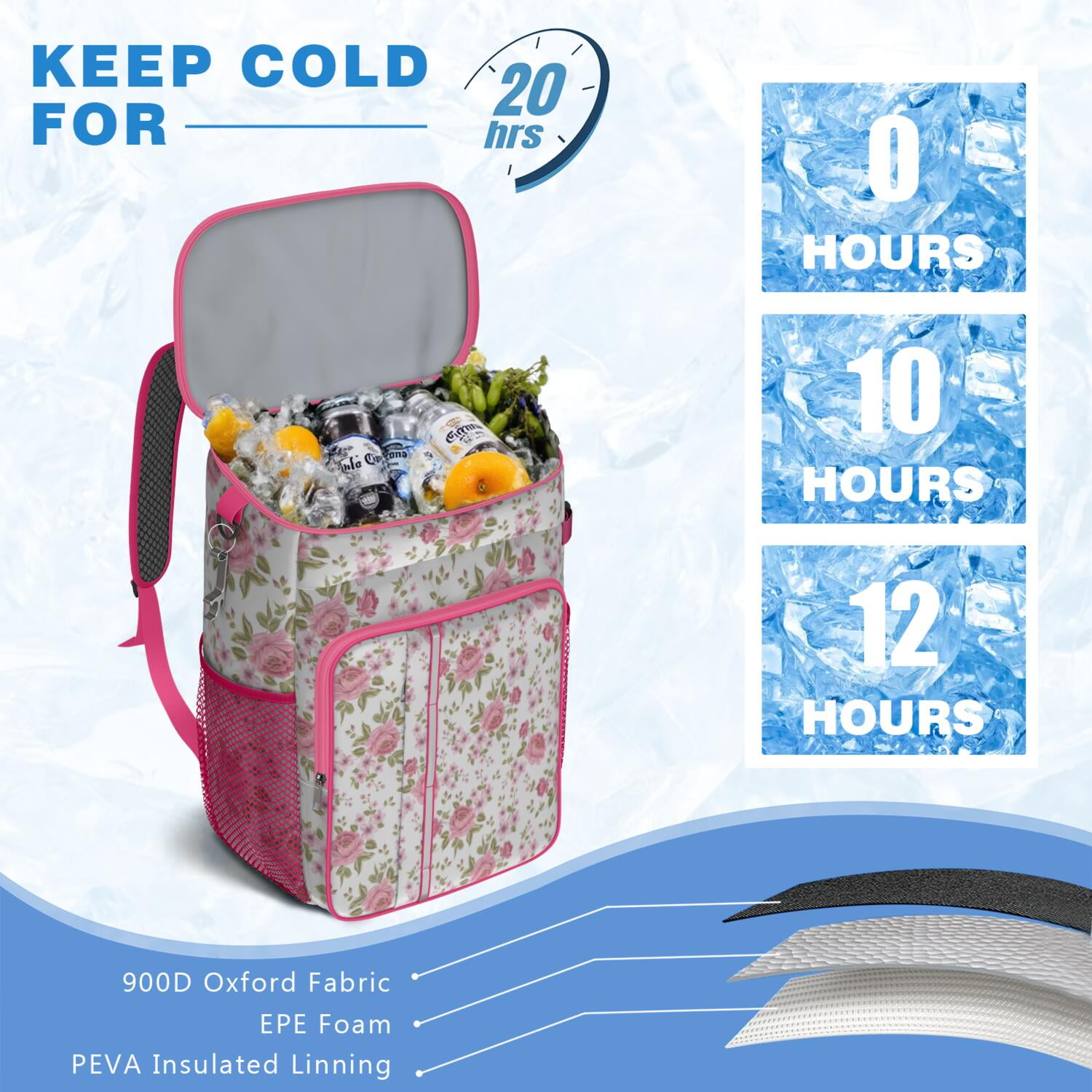 Travel Cooler Bag - Pioneer Flower Floral Print Pattern Camping Beer Cooler Backpack with Bottle Opener- Waterproof Insulated Picnic Backpacks - Cooler Bag for Beach