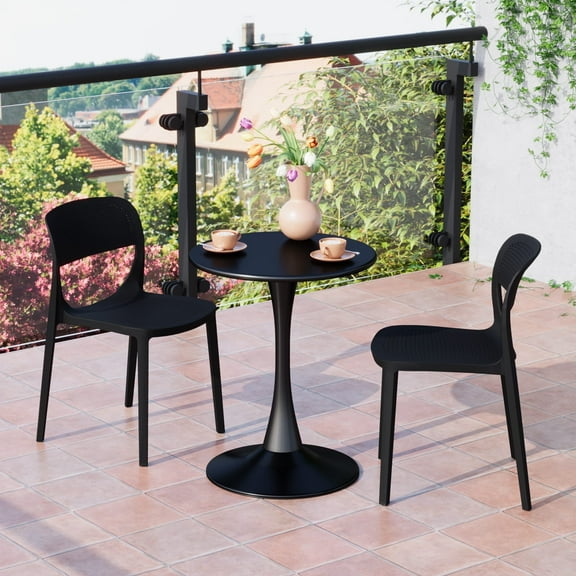 WestinTrends Playa 3-Piece Round Metal Bistro Dining Table Set And Stackable Resin Patio Dining Side Chairs, Black