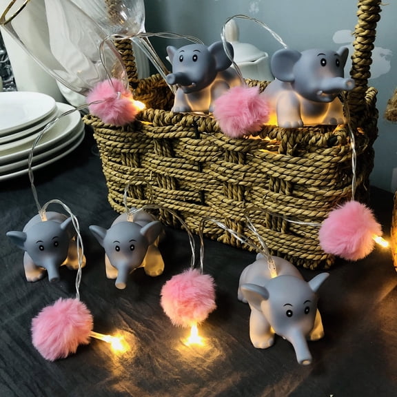 Cute Pom Poms Elephant String Lights Battery Operated Plush Ball Animal Decor Night Light for Party Holiday Christmas