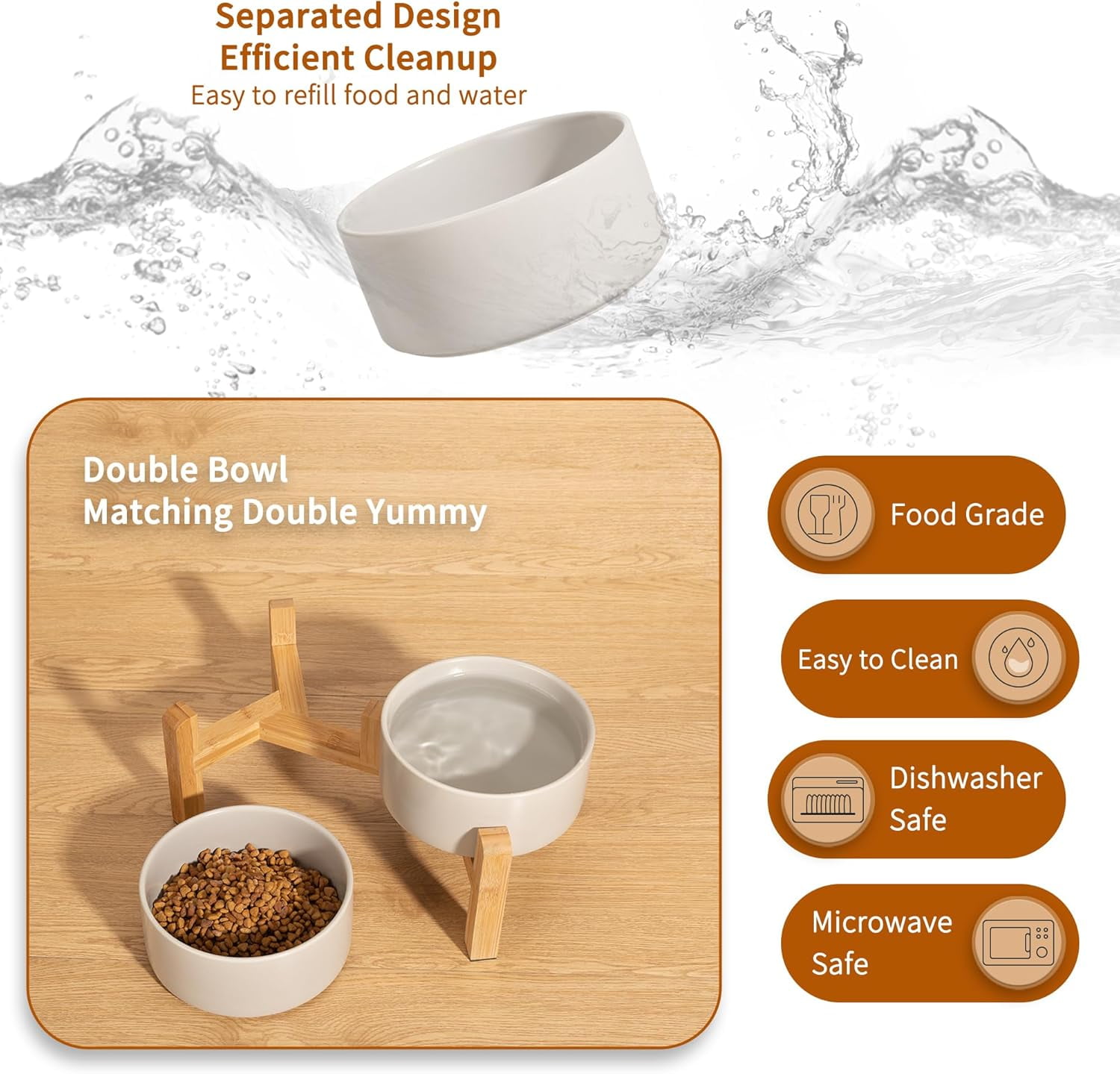 Elevated Ceramic Dog Bowl Set - Raised Dog Bowls with Non-Slip BambooStand - Dog Food and Water Bowl Set - Double Dog Feeding Bowls - Suitable for Small and Medium Dogs - 28.74 OZ - 3.6 CUPS - 850 ML