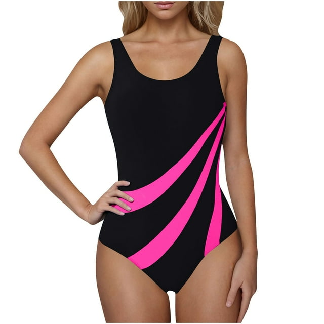 fheaev One Piece Swimsuit for women High Cut Bathing Suits Color Block Print Backless V Neck Modest Athletic Training Sporty Swimwear