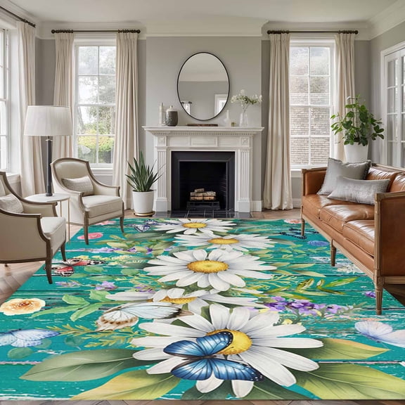 5'x7' Area Rugs for Living Room Bedroom, Spring Daisy Leaves Washable Rug Carpet Runner Indoor Outdoor, Vintage Watercolor Flowers Teal Wooden Non Slip Floor Mats Area Rug for Kitchen, Nursery