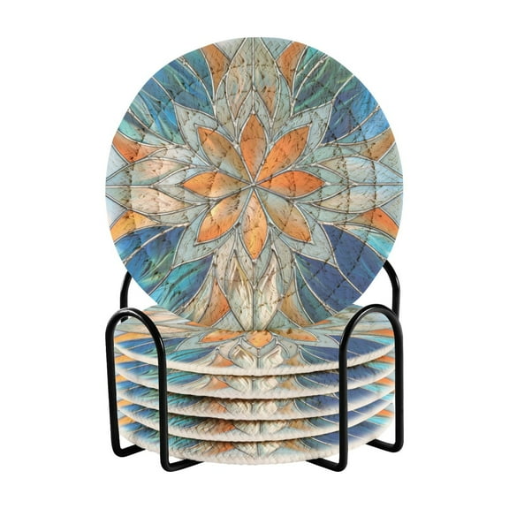 Orange Blue Floral Stained Glass Coasters with Holder for Coffee Table 6 Pcs Drink Coaster Sets Absorbent for Home Decor 4 inch