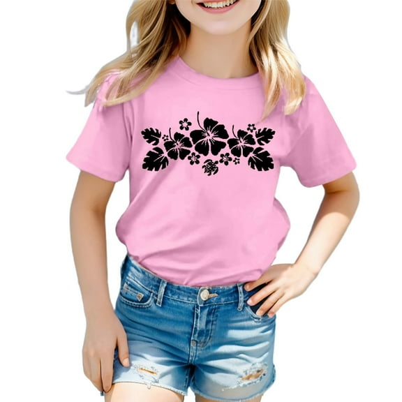 Toddler Girls Tshirts Flower Print Round Neck Short Sleeve Top Kids Girls Everyday Wear Stylish Comfortable Tees，4 -5 Years