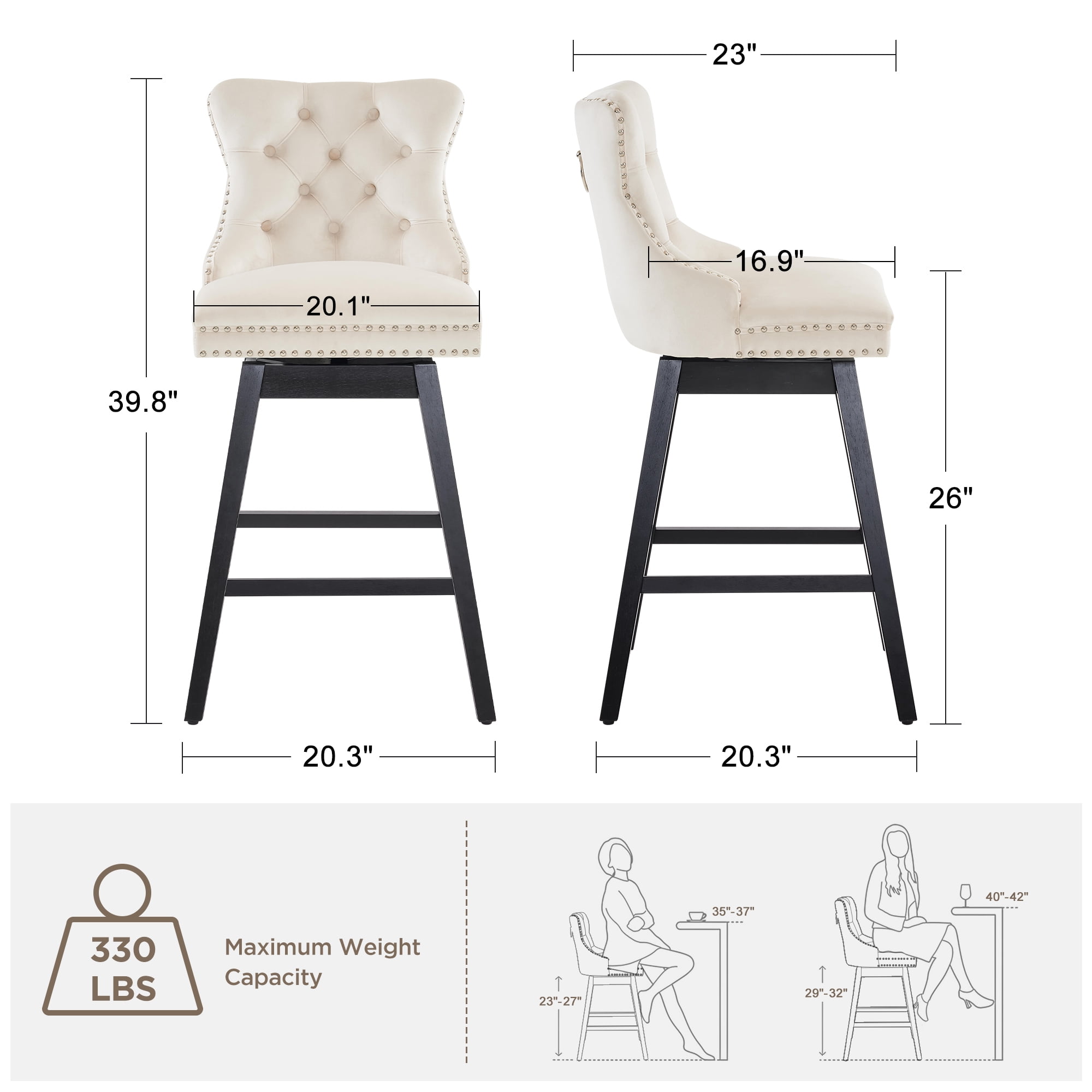 TEWLOSS 26" Swivel Counter Height Bar Stools Set of 4, Beige Velvet Kitchen Stools with Back