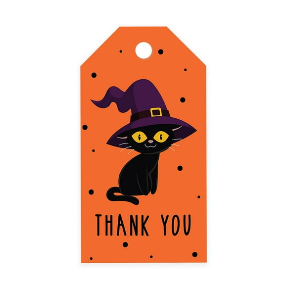 Koyal Wholesale 100-Pk Blk Cat Halloween Gift Tags With String, Favor Bag Tags Halloween Decorations 2 x 3.75 inch