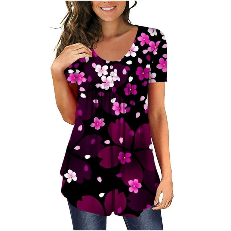 Hfyihgf Womens Tops Hide Belly Tunic Summer Short Sleeve Floral Print T  Shirts Cute Flowy Henley Shirt Casual Dressy Blouses for Leggings(Black,L)  