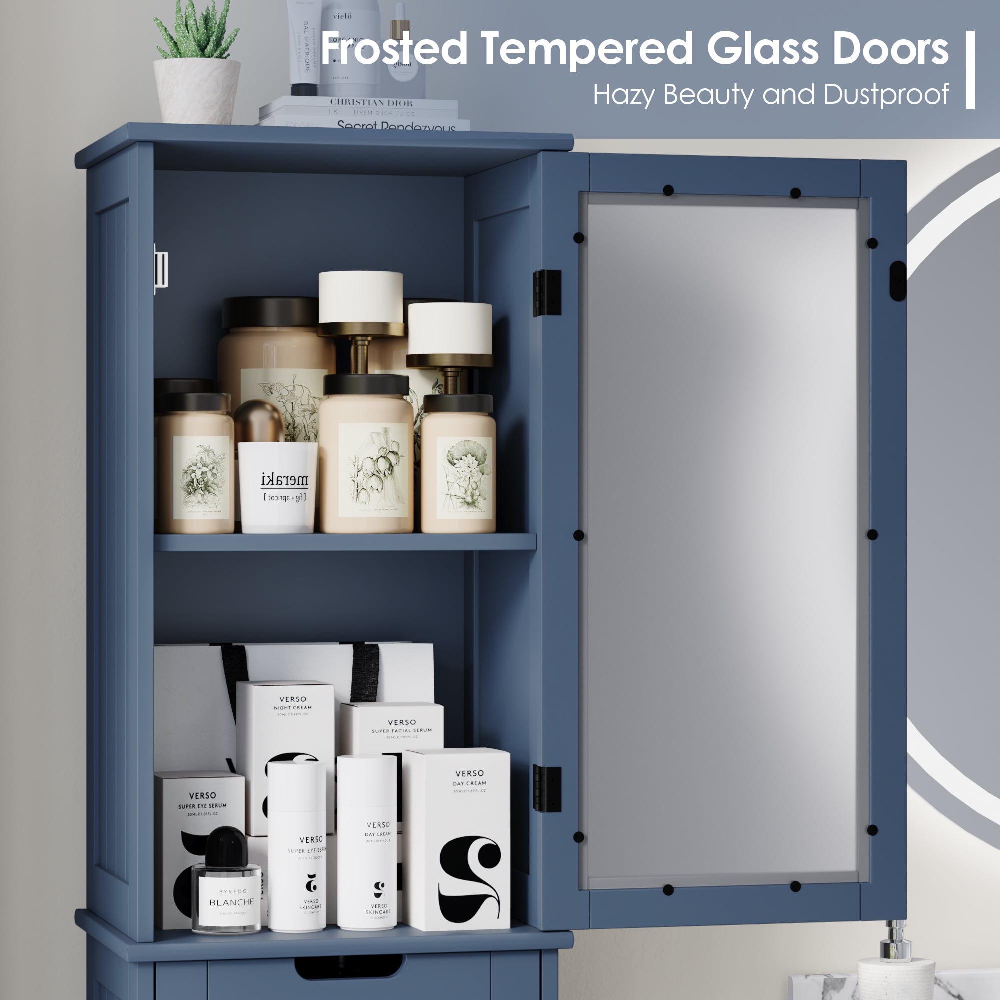 Homfa Bathroom Storage Tower, Narrow Linen Cabinet with Door and Drawers, Tall Bathroom Storage Cabinet for Small Spaces, Blue