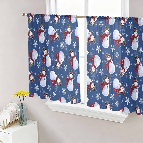 Navy Blue Christmas Sheer Curtains 45 Inch Length 2 Panels Set, Snowflake Snowman Xmas Christmas Voile Window Treatment Rod Pocket Small Kitchen Curtains Drapes for Bedroom 52"x45"x2