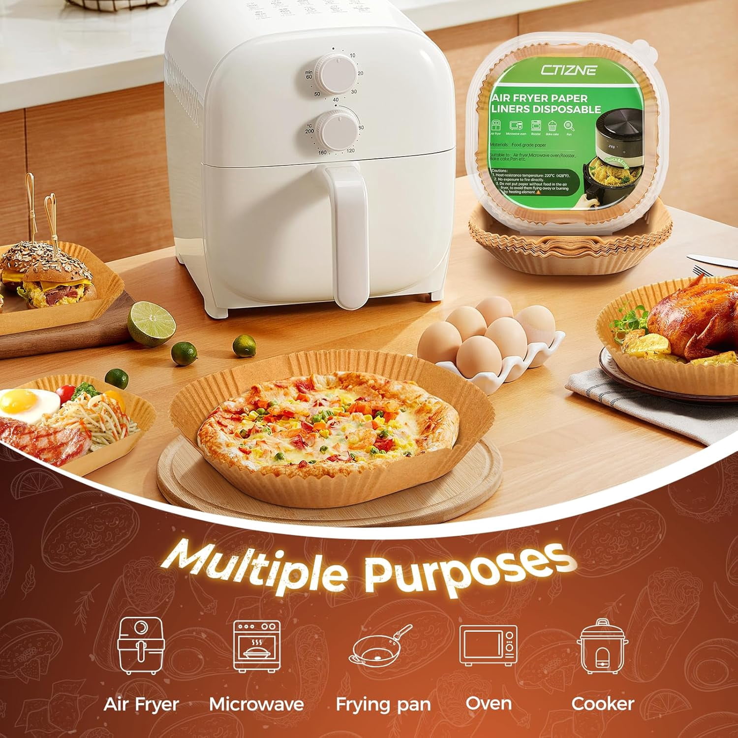 Liners Disposable, 100 PCS Non-Stick Paper Liners, Waterproof and Oilproof for Easy Cleanup, 8" Square Unbleached Parchment Paper for 5-8 QT , Baking, Microwave, Oven