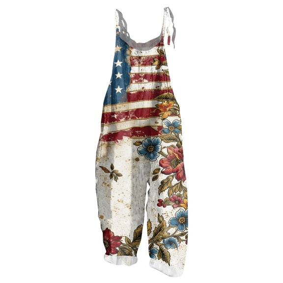 JULMCOMO American Flag Jumpsuits for Women 1776 Plus Size Cotton Linen Sleeveless Patriotic Overalls Spaghetti Straps Independence Day Wide Leg 4th of July Outfits with Pockets Beige 2XL