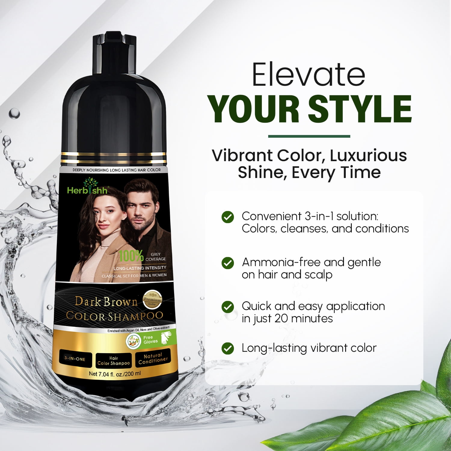 (2 pack) Herbishh Dark Brown Hair Color Shampoo for Gray Hair, Hair Dye Shampoo 3 in 1, 100% Gray Coverage, Permanent Hair Color for Men & Women, Ammonia-free, 200 ml