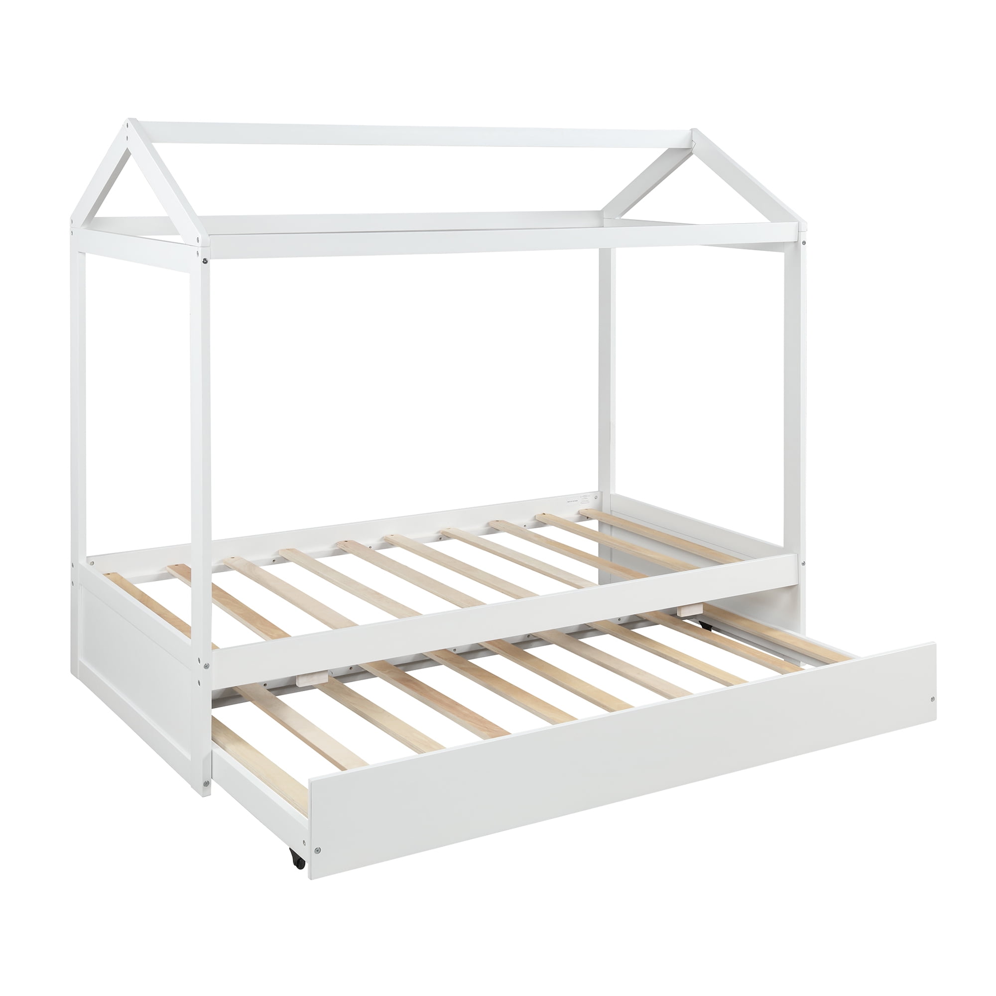 EUROCO Wood Twin Size Platform Bed, House Bed with Trundle, Solid Daybed for Kids Teens Toddler Bedroom