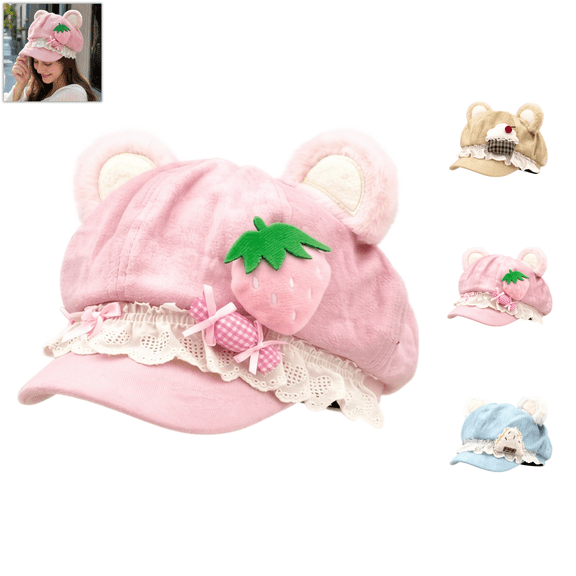Adult Women Y2K Cutecore Kawaii Cat Ears Beret Hat, Strawberry Cake Suede Octagonal Cap, Sweet Lolita Lace Bow Newsboy Hat for Photography Props-Pink