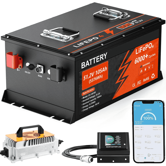 48V 105Ah Lithium Golf Cart Battery, 6000  Cycles Rechargeable LiFePO4 Battery with 58.4V 18A Charger, Built-in 200A BMS, Stainless Steel Case, Touch LCD Monitor & Mobile APP, Perfect for Golf Carts