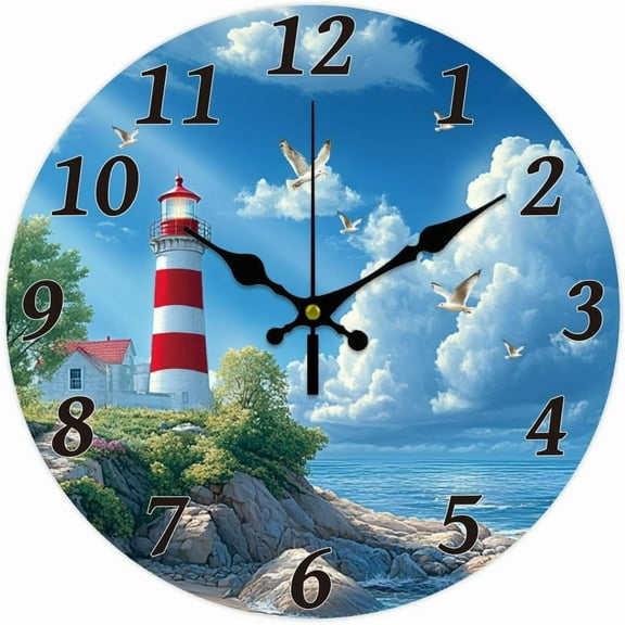 Ocean Lighthouse Wall Clock 12 Inch Battery Operated Wall Clock Non Ticking Silent Decorative Clock for Office Bedroom Home Decor colorful DIY