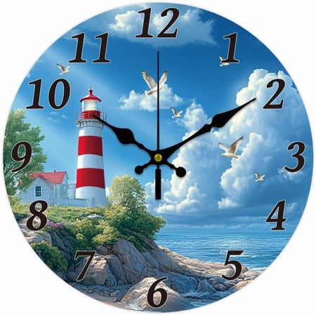 Ocean Lighthouse Wall Clock 12 Inch Battery Operated Wall Clock Non Ticking Silent Decorative Clock for Office Bedroom Home Decor colorful DIY
