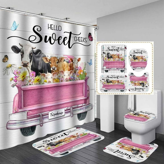 4PCS Funny Highland Cow Shower Curtain Sets with Rugs, Waterproof Fabric Shower Curtain, Teal Truck Bull Cattle Farm Animal Colorful Floral Butterfly Western Country Farmhouse Bathroom Decor