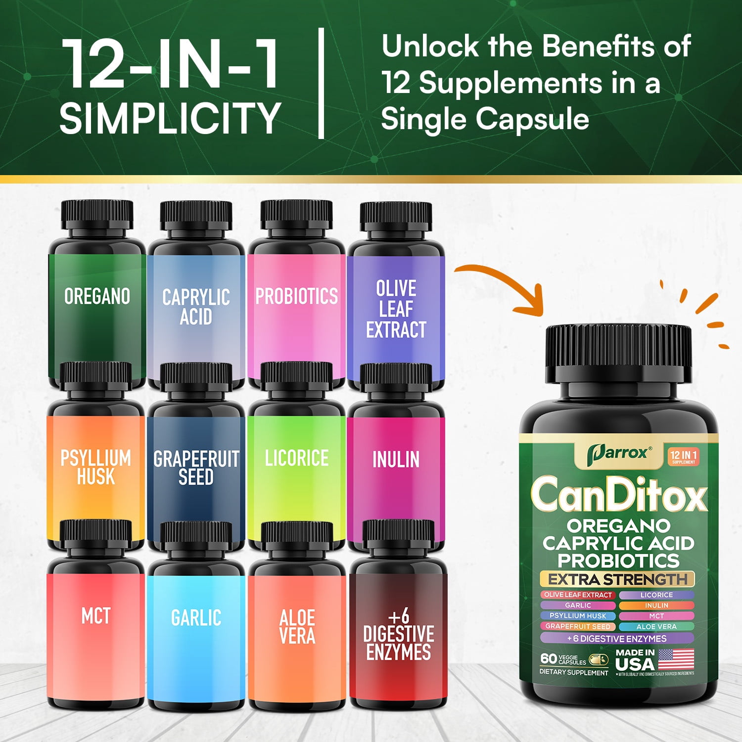 Parrox CanDitox Capsules, Oregano, Caprylic Acid, Garlic, Olive Leaf, Psyllium Husk, Licorice, Probiotics, Inulin, Aloe Vera, MCT Oil, Grapefruit Seed, Digestive Enzymes, Bromelain, Lipase (3 Pack)