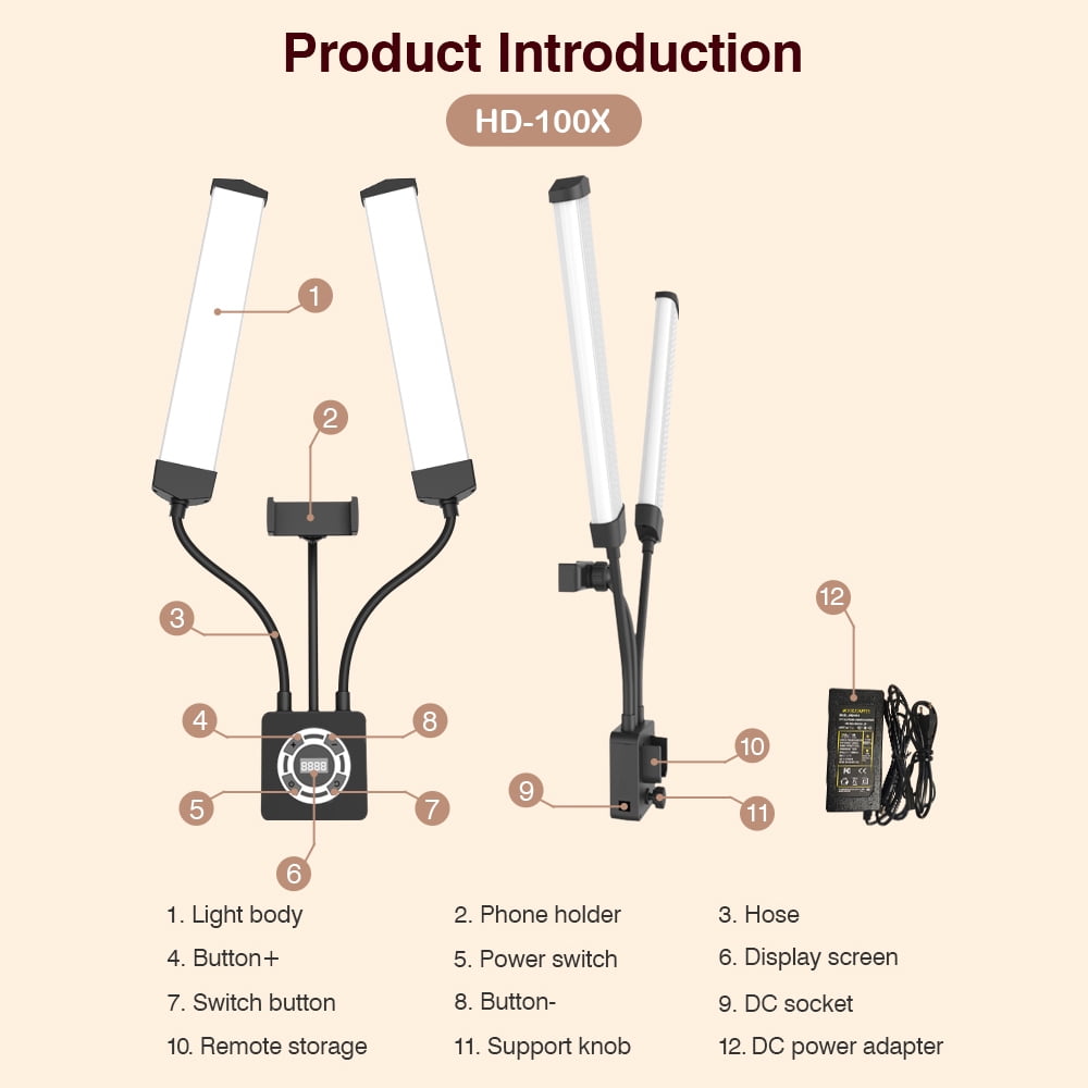 Selfie Camera Lamp,3200k-5600k Color Beauty Rotatable Tube 196pcs Beads 3200k-5600k With Clip Stand Temperature Adjustable With 40w Dual-arm Fill Dual-arm Fill Beauty Dsfen Buzhi Lamp 40w
