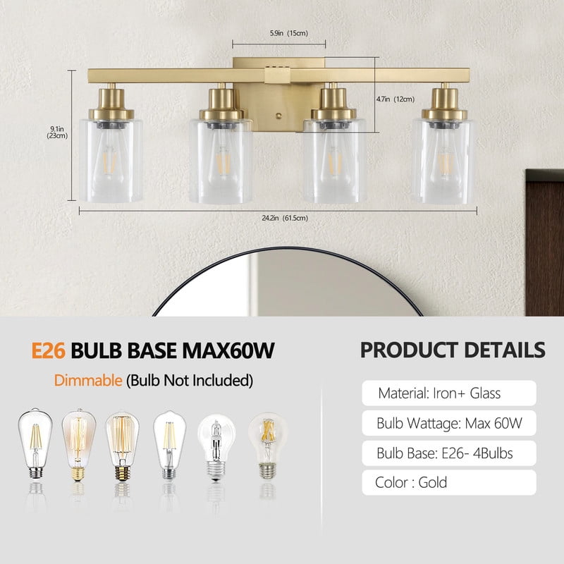 24" Gold 4-Light Bathroom Vanity Light Fixture with Clear Glass Shades, Modern Wall Sconce Lighting for Bathroom Mirror, Vanity, Dressing Room, or Hallway (No Bulbs Included)